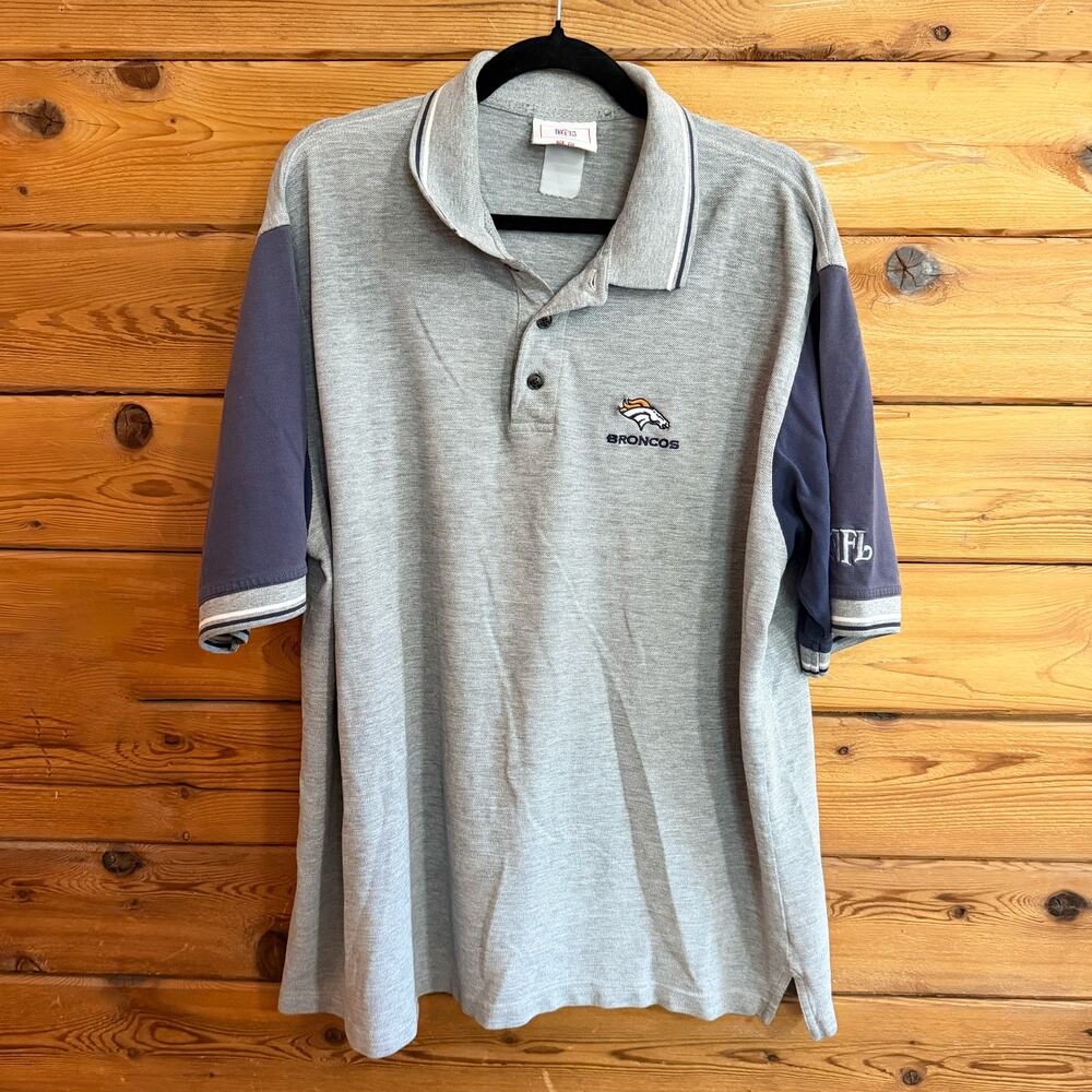 NFL Vintage Denver Broncos Polo Shirt True Fan Grey Blue Colorblock Mens XL
